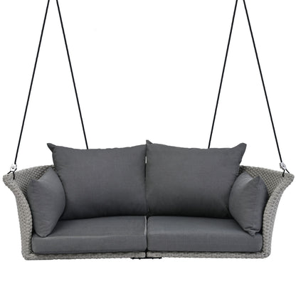 2 Person Hanging Seat, Rattan Woven Swing Chair, Porch Swing With Ropes - Gray / Cushion