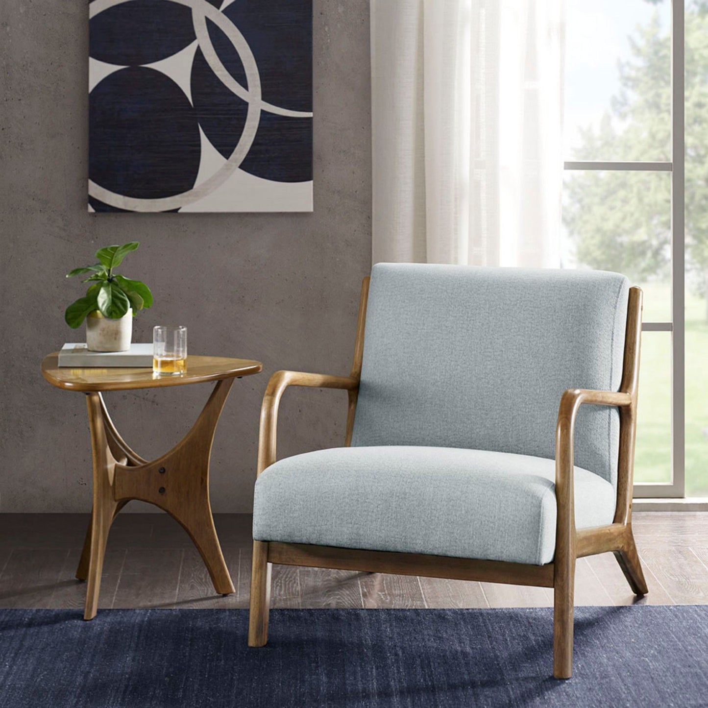 Lounge Chair Mid - Century Style Soft Upholstery Elm Wood - Light Blue