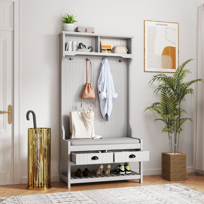 Modern 3 In 1 Hallway Hall Tree With Storage Drawers, Coat Rack, Shoe Rack Bench, And Cushion - Gray