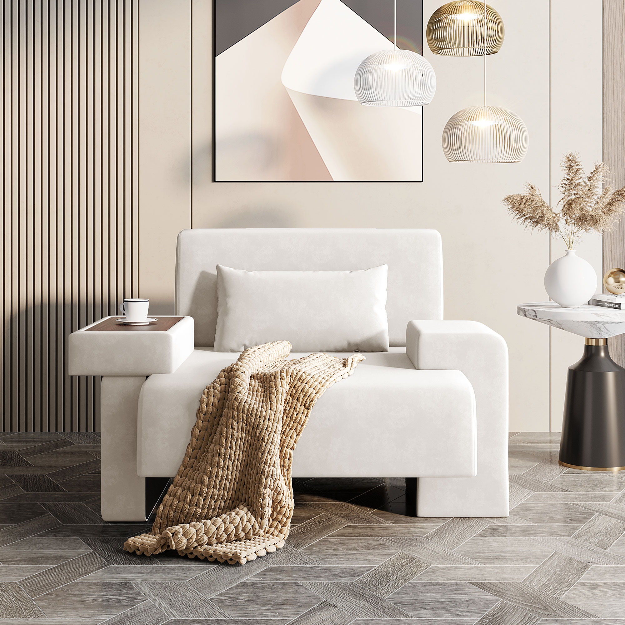Modern Oversized Armchair, Wide Mid-Century Chair With Pillow Upholstered, Sturdy Wood Frame & Soft Cushion For Living Room - Beige