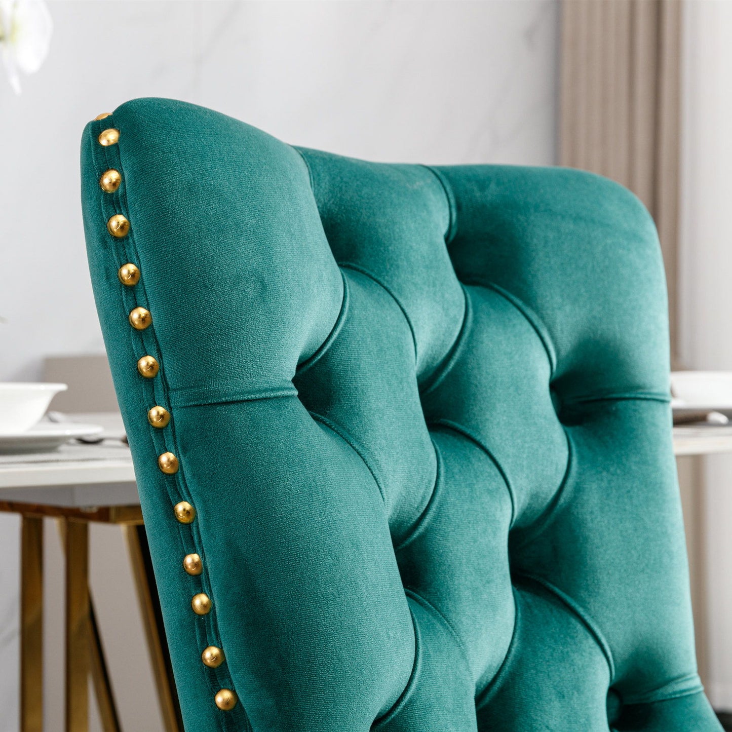 Nikki - Modern, High-End Tufted Solid Wood Contemporary Velvet Upholstered Dining Chair With Golden Stainless Steel Plating Legs, Nailhead Trim (Set of 2) - Green