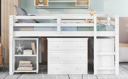 Full Loft Low Study Bed With Cabinet, Shelves And Rolling Portable Desk, Multiple Functions - White