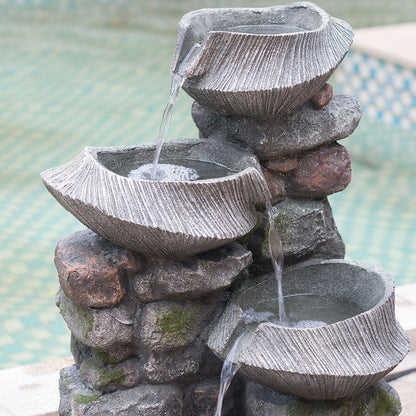 Indoor Outdoor Stone Water Fountain, 4 Tier Polyresin Cascading Rock Bowl Freestanding Fountain With LED Ligh - Gray