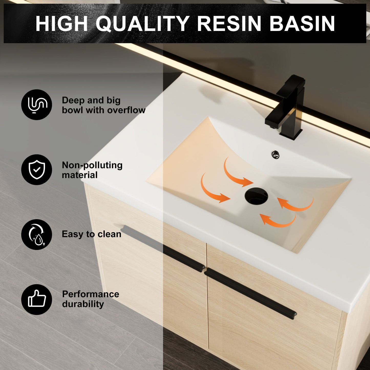 Bathroom Vanity With Resin Countertop Sink, 30" 2 Doors Cabinet Set - Oak