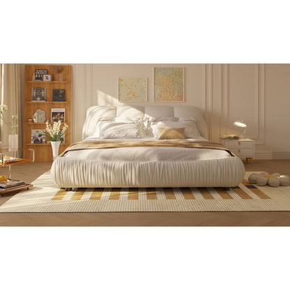 Queen Size Luxury Upholstered Platform Bed With Oversized Padded Backrest And Solid Wood Frame, Suitable For Multiple Heights Of Mattresses - Beige