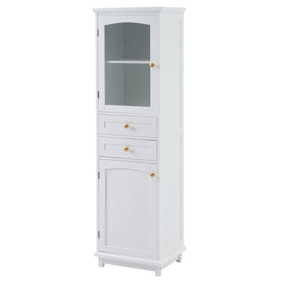 Tall Bathroom Storage Cabinet With Glass Doors, Free-Standing, Two Drawers, And Adjustable Shelves, MDF Board, Painted Perfect For Displaying Your Favorite Items - White