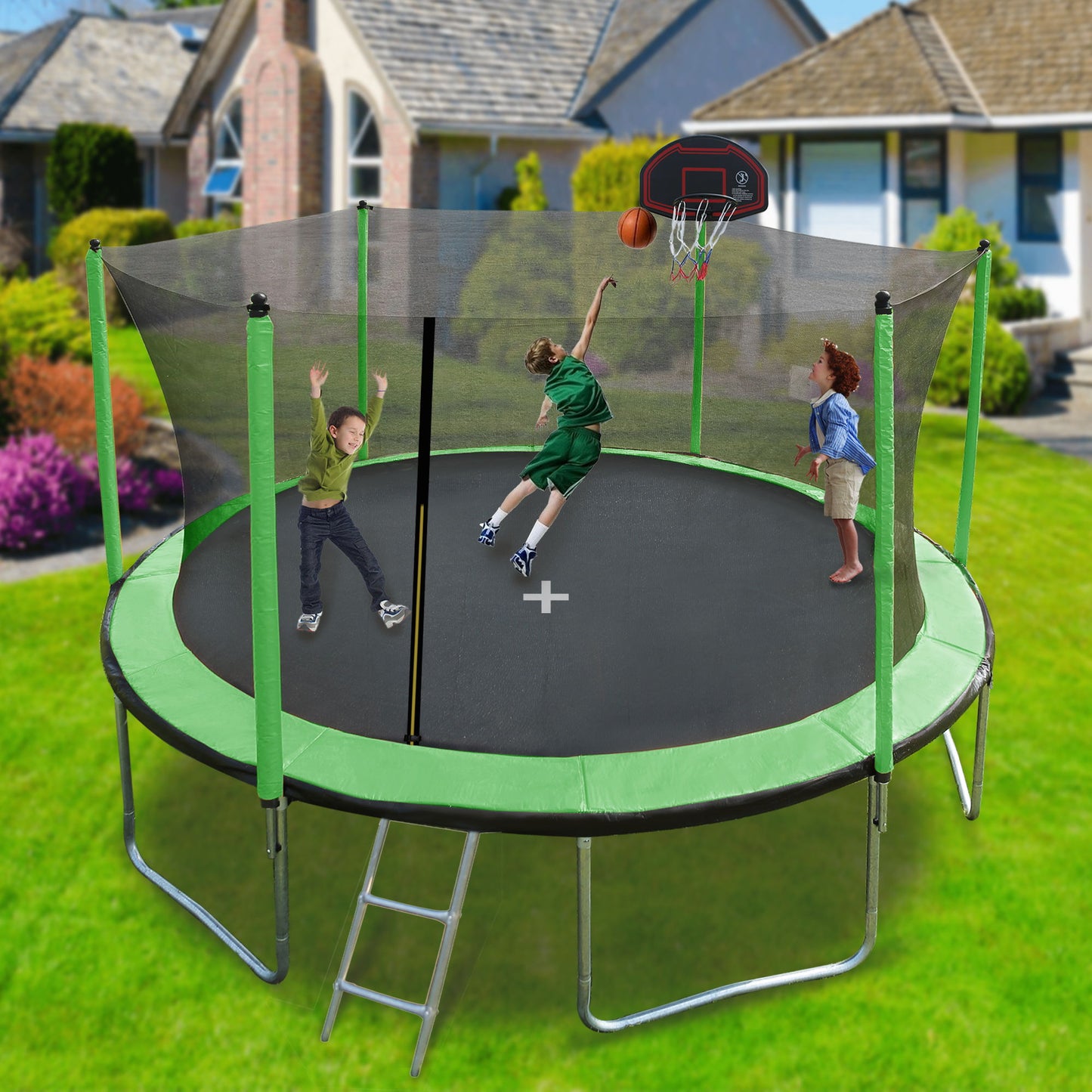 15Ft Trampoline With Basketball Hoop Inflator And Ladder (Inner Safety Enclosure) - Green