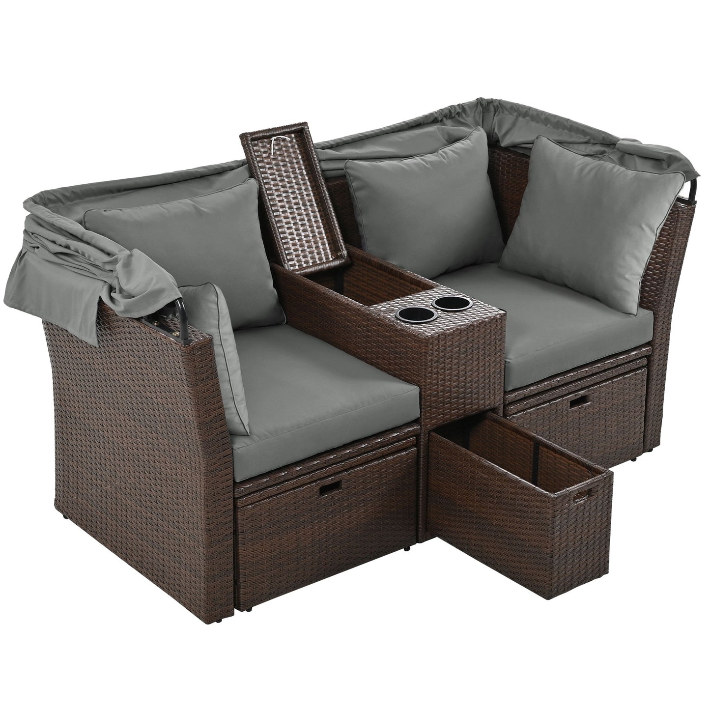 2 Seater Outdoor Patio Daybed Outdoor Double Daybed Outdoor Loveseat Sofa Set With Foldable Awning And Cushions For Garden, Balcony, Poolside - Gray