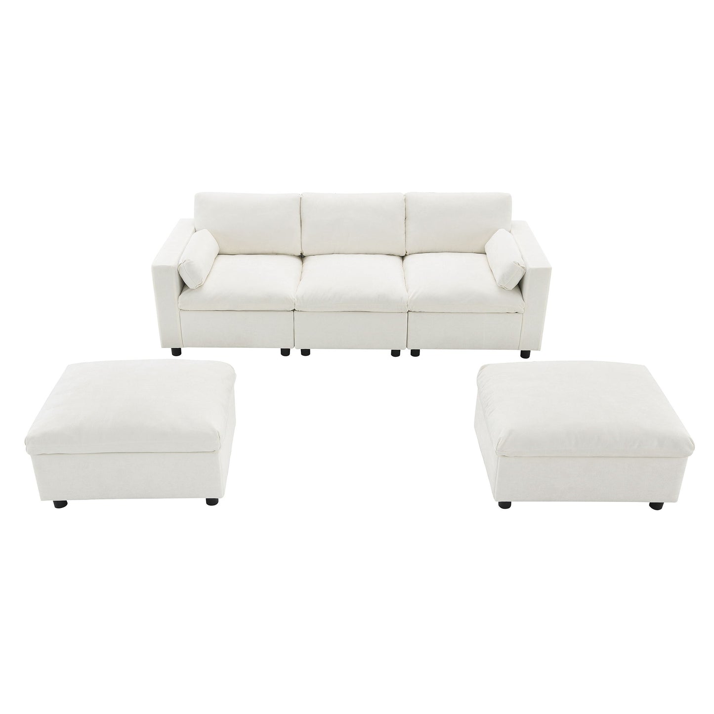 Modular Sectional With Storage Pockets, 5 Seat U Shaped Couch Set With Pillows Free Combination Modern Cloud Sofa With 2 Movable Ottoman - White
