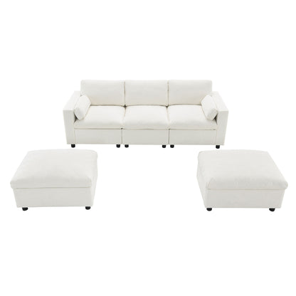 Modular Sectional With Storage Pockets, 5 Seat U Shaped Couch Set With Pillows Free Combination Modern Cloud Sofa With 2 Movable Ottoman - White