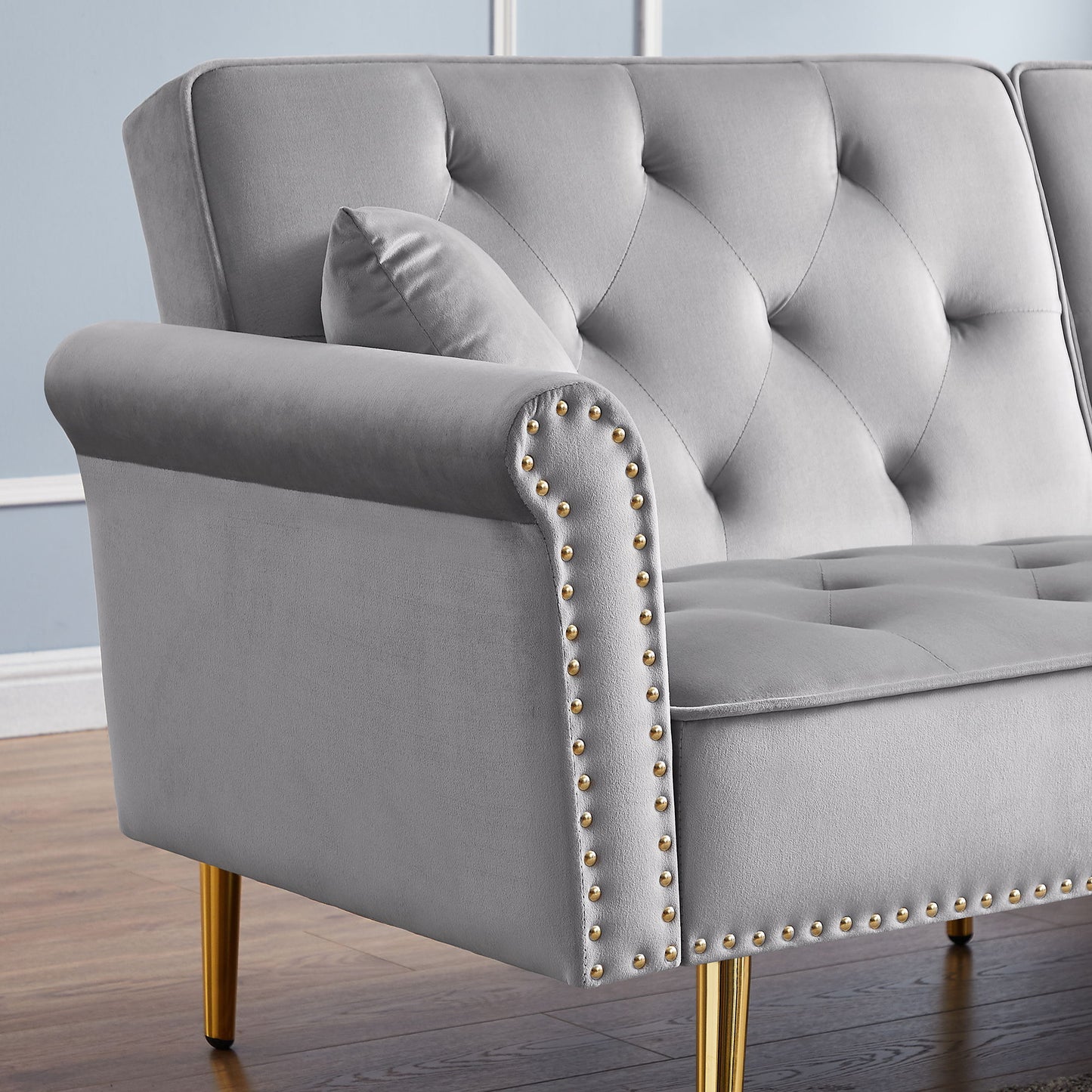 Velvet Tufted Sofa Couch With 2 Pillows And Nailhead Trim - Light Gray