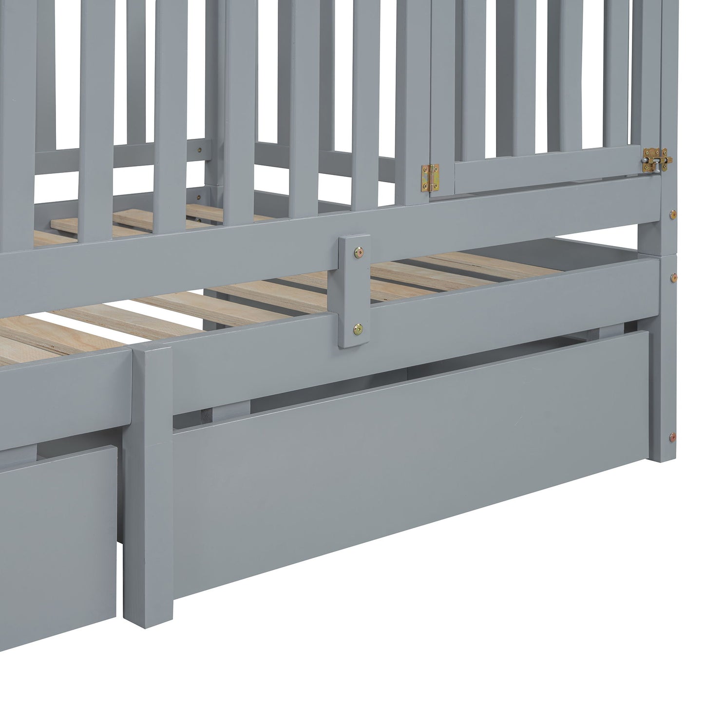 Twin Size Daybed With Fence Guardrails And 2 Drawers, Split Into Independent Floor Bed & Daybed - Gray