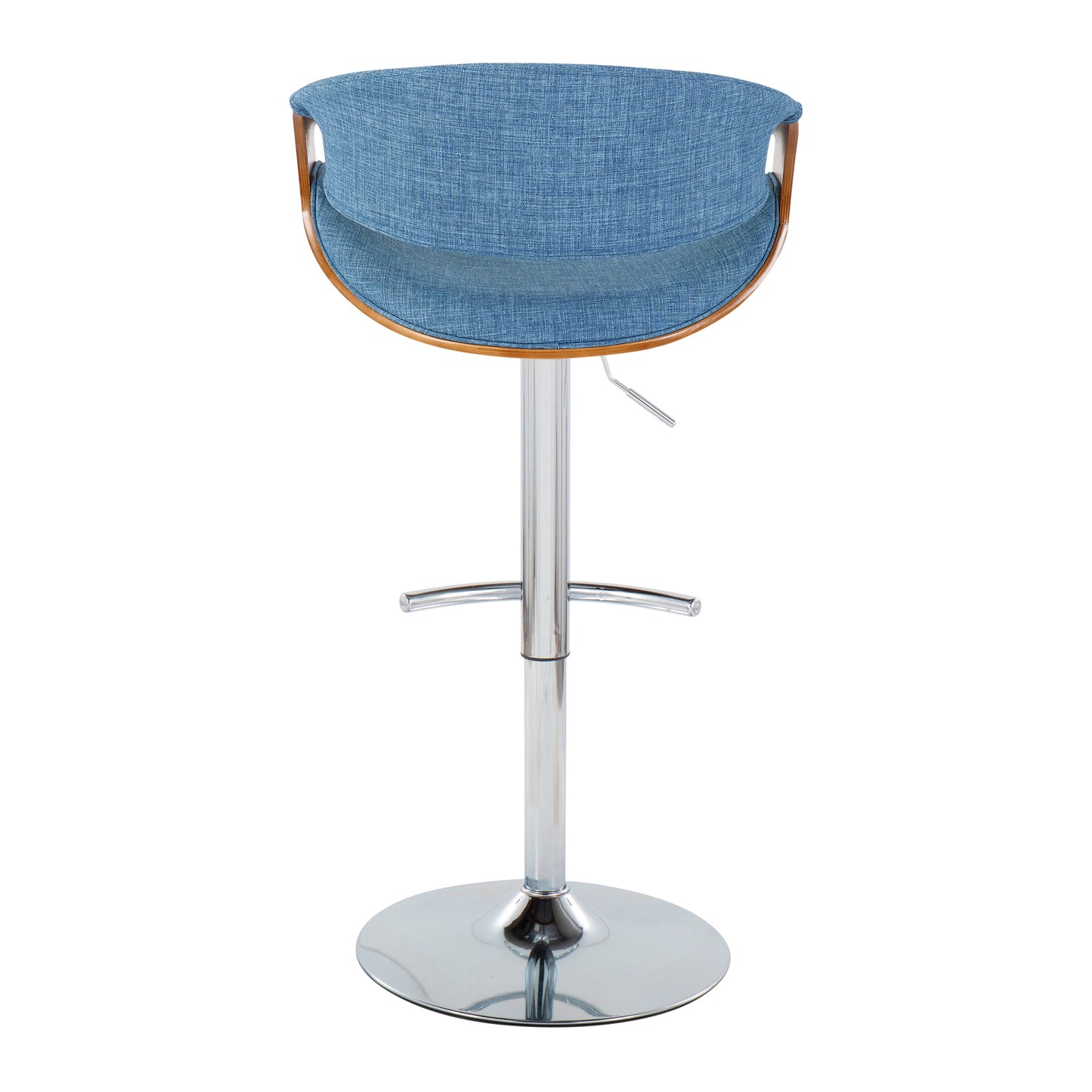 Curvo - Mid-Century Modern Adjustable Barstool With Swivel With Rounded T Footrest (Set of 2) - Chrome / Walnut / Blue