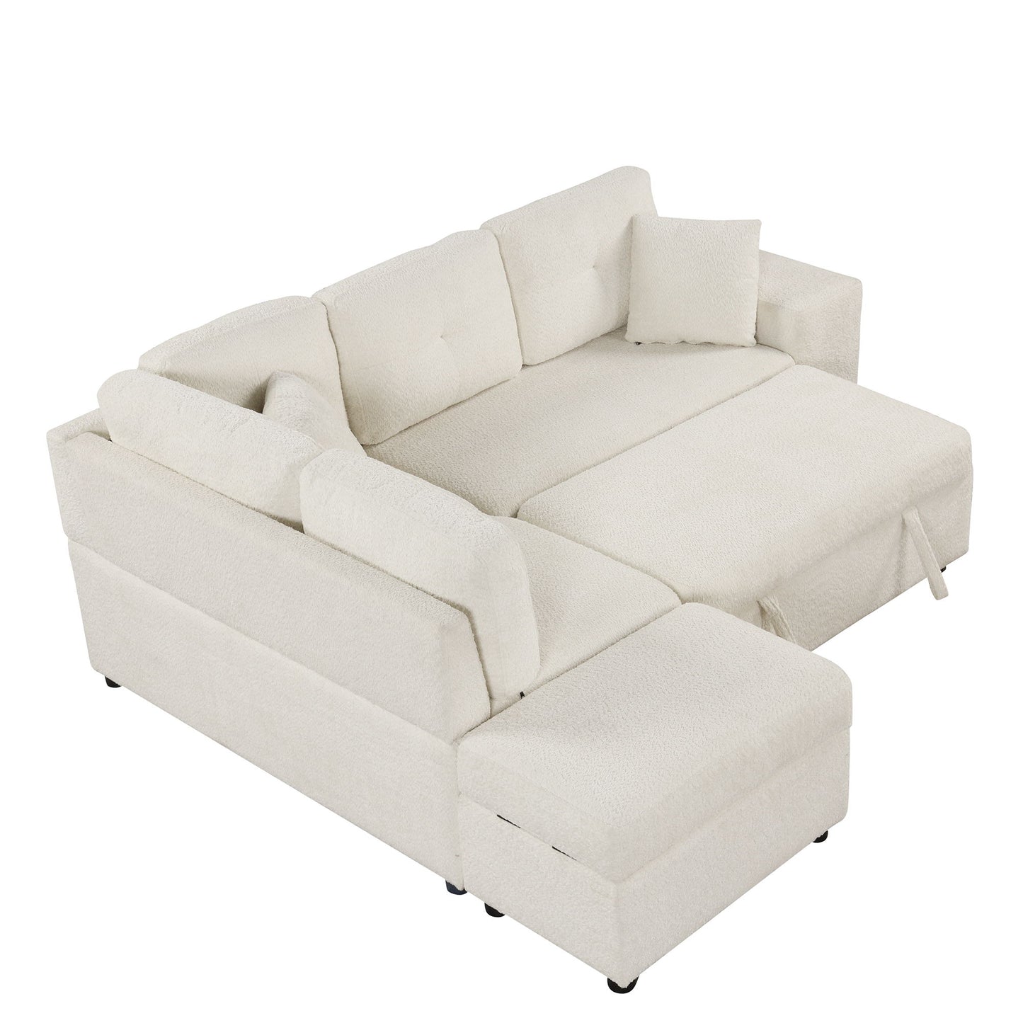 Convertible Sleeper, Sectional Pull Out Sofa Bed With Storage Ottoman, 2 Throw Pillows, 2 Stools, Wireless Charger And Two Hidden USB Ports For Living Room - Cream