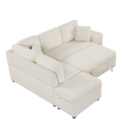 Convertible Sleeper, Sectional Pull Out Sofa Bed With Storage Ottoman, 2 Throw Pillows, 2 Stools, Wireless Charger And Two Hidden USB Ports For Living Room - Cream
