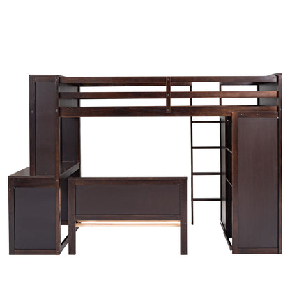 Twin Size Loft Bed With A Stand Alone Bed, Shelves, Desk, And Wardrobe - Espresso