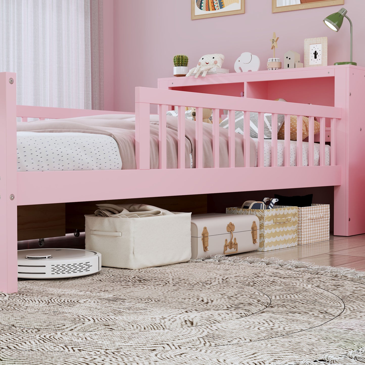 Twin Size Bed With Headboard Storage Rack, 2 Under Bed Drawers, 3 - Side Guardrails For Safety And Security - Pink