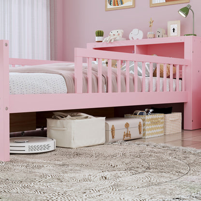 Twin Size Bed With Headboard Storage Rack, 2 Under Bed Drawers, 3 - Side Guardrails For Safety And Security - Pink