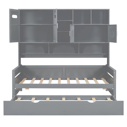 Twin Size Daybed With Twin Size Trundle, And All In One Cabinet And Shelf - Gray