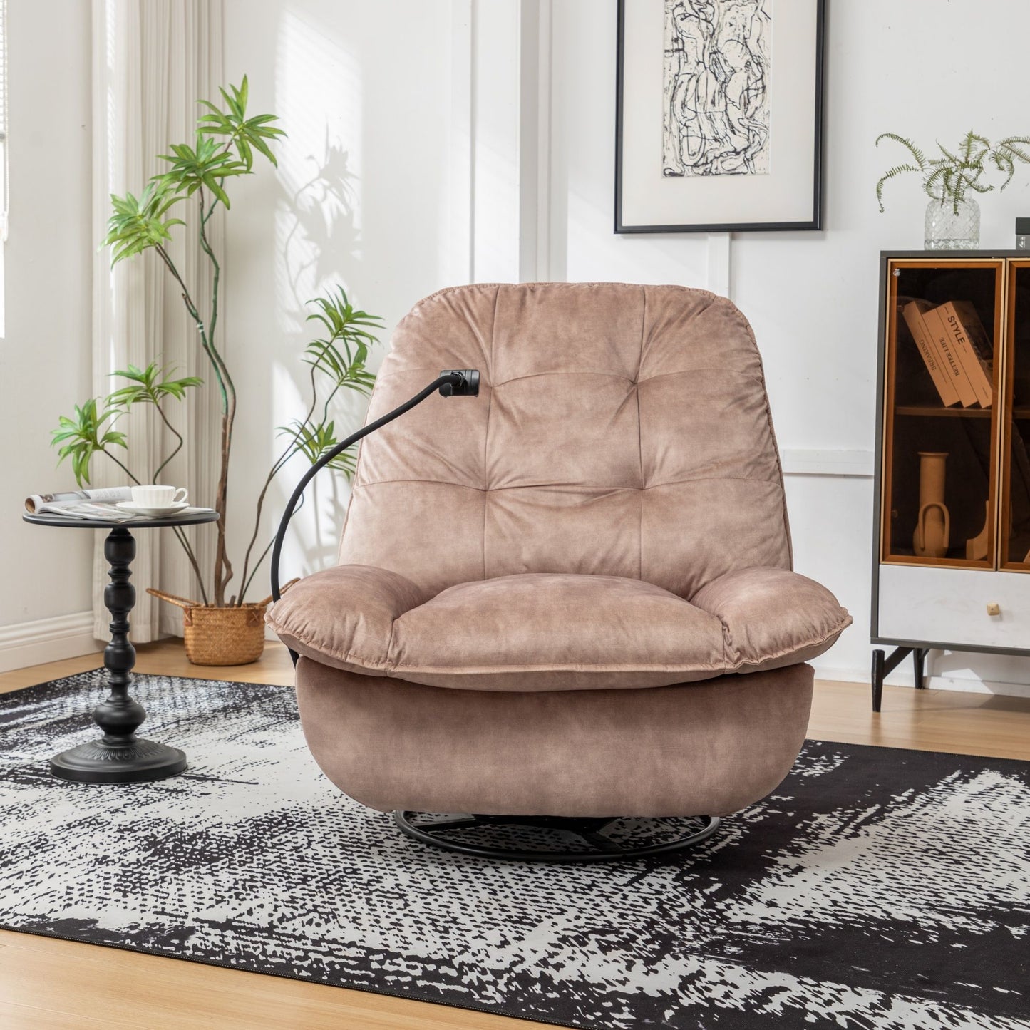 Modern Swivel Gliding Recliner Chair With Rocking Function And Phone Holder - Large Comfortable Reading Chair Stamped Velvet - Natural Brown