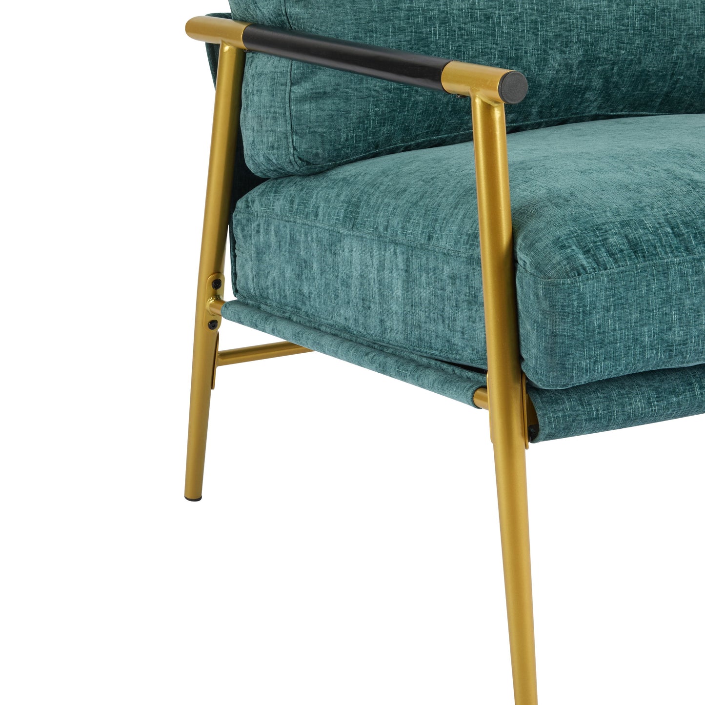 Modern Accent Chair With Plush Cushions, Metal Frame, Wooden Armrests Cozy Seating For Living Room, Bedroom, Office - Gold / Teal Blue