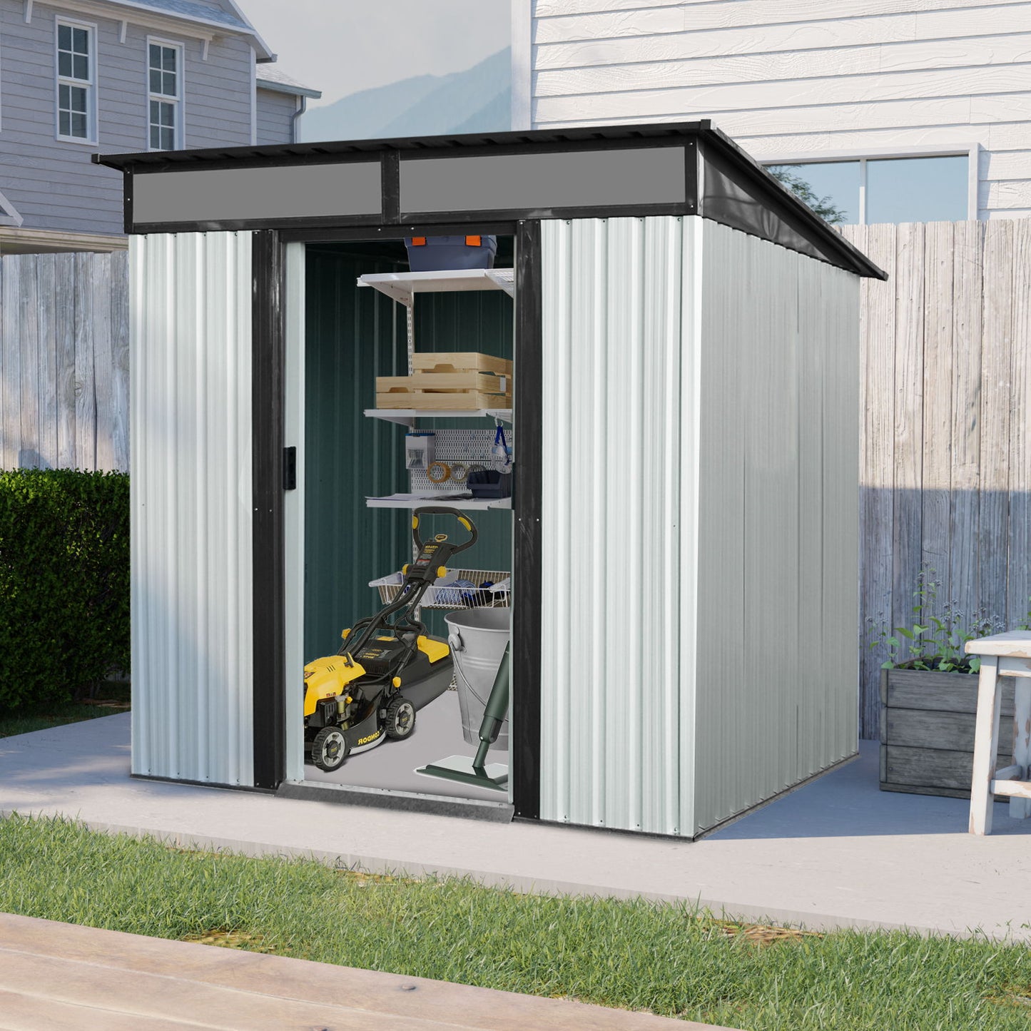 6Ft X 5Ft Outdoor Metal Storage Shed With Lockable Sliding Doors And Transparent Plate For Garden, Lawn - White / Black