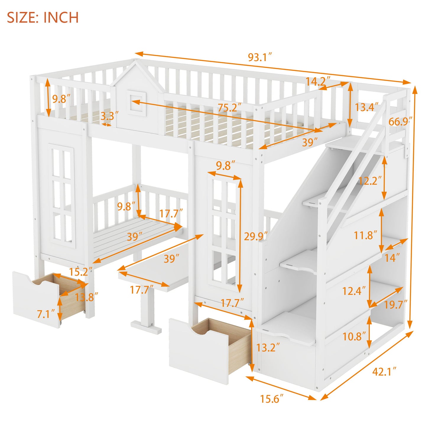 Twin Over Twin Bunk Bed With Changeable Table, Turn Into Upper Bed And Down Desk - White