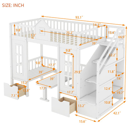 Twin Over Twin Bunk Bed With Changeable Table, Turn Into Upper Bed And Down Desk - White