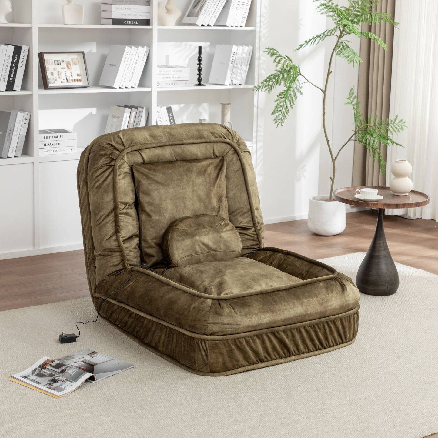 Upholstered Human Dog Bed And Pets Bean Bag Floor Sofa With Massage Pillow, 5 Adjustable Positions & 2 Soft Pillows Velvet With Foam And Iron Plastic Frame - Green