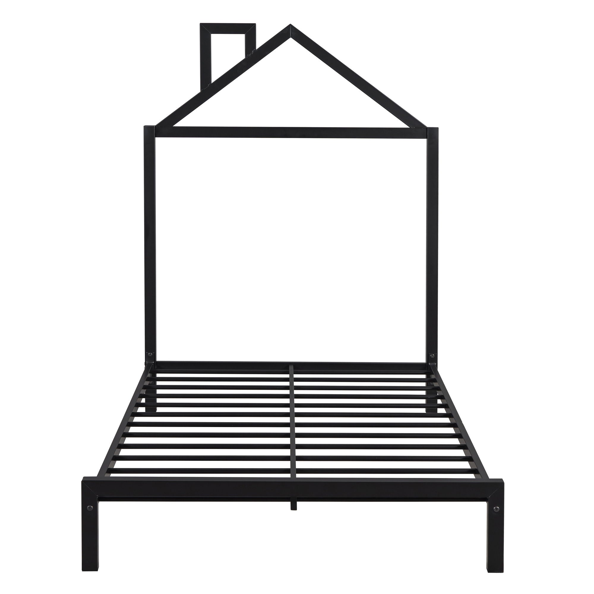 Twin Size Platform Bed With House-Shaped Headboard Design - Black