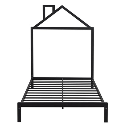 Twin Size Platform Bed With House-Shaped Headboard Design - Black