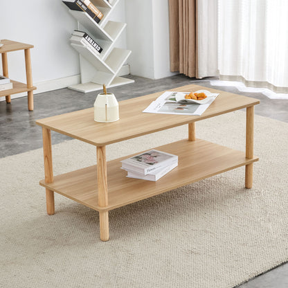 Modern 2 Tier Coffee Table For Living Room Furniture, Rectangular Center Table With Open Storage Shelf, Rounded Rubberwood Legs, Stable And Durable - Burly Wood