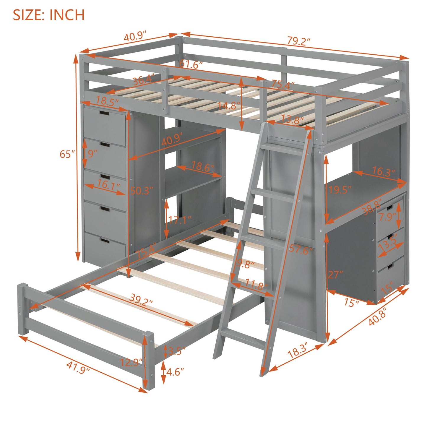 Twin Over Twin Bunk Bed With LED Light And USB Ports - Gray