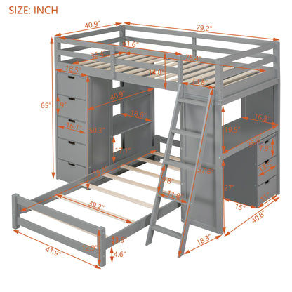 Twin Over Twin Bunk Bed With LED Light And USB Ports - Gray