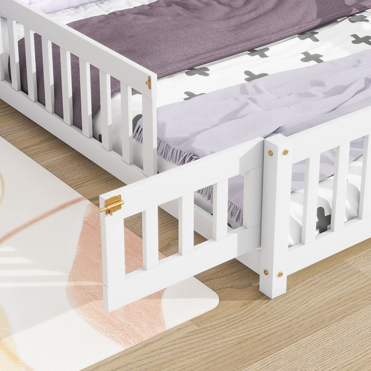 Full House-Shaped Headboard Floor Bed With Fence - White