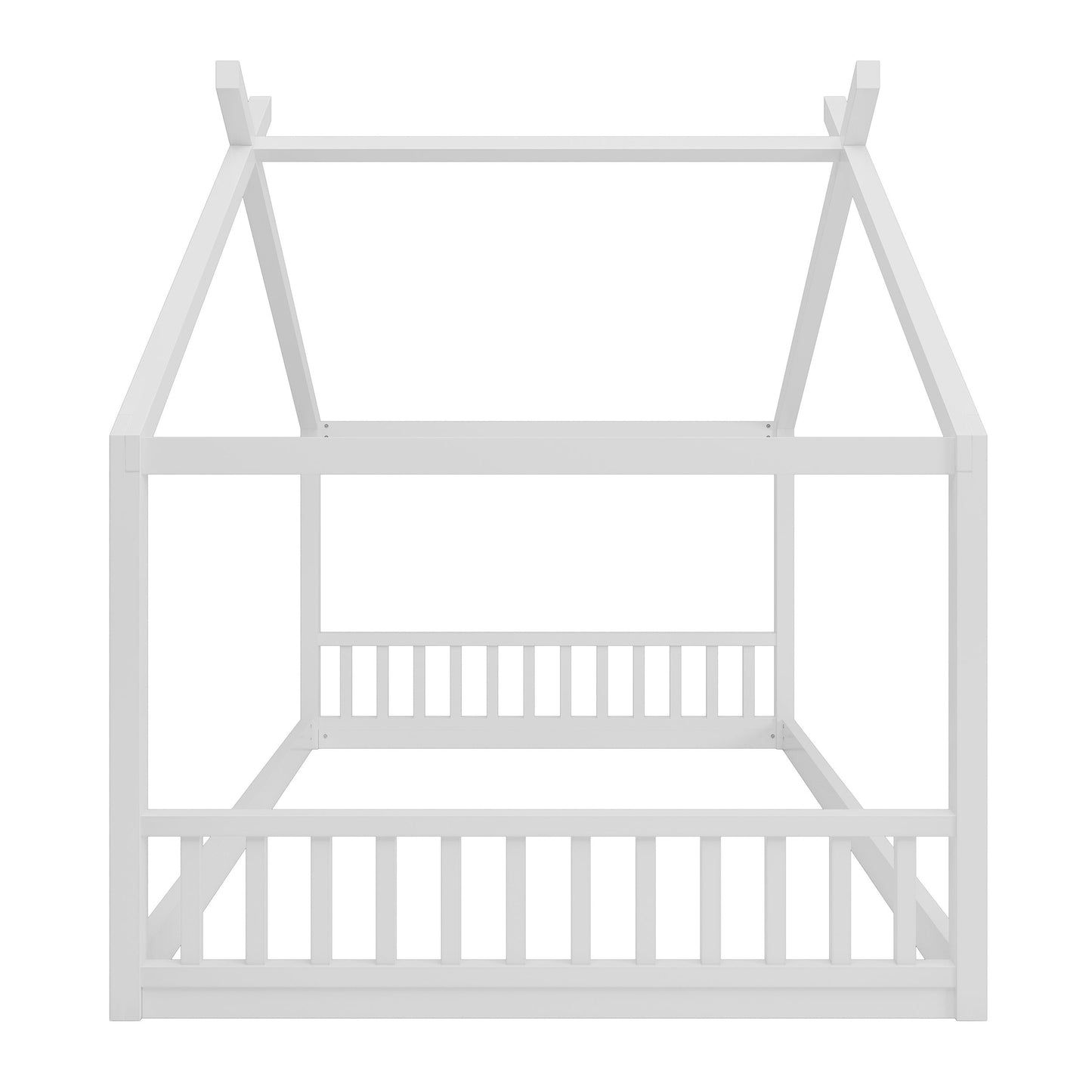 Full Size Montessori Style House Bed For Kids, Floor Bed Frame With Headboard And Footboard, Fence Bed For Girls, Boys, Slat Not Included - White