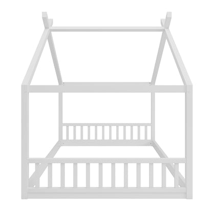 Full Size Montessori Style House Bed For Kids, Floor Bed Frame With Headboard And Footboard, Fence Bed For Girls, Boys, Slat Not Included - White