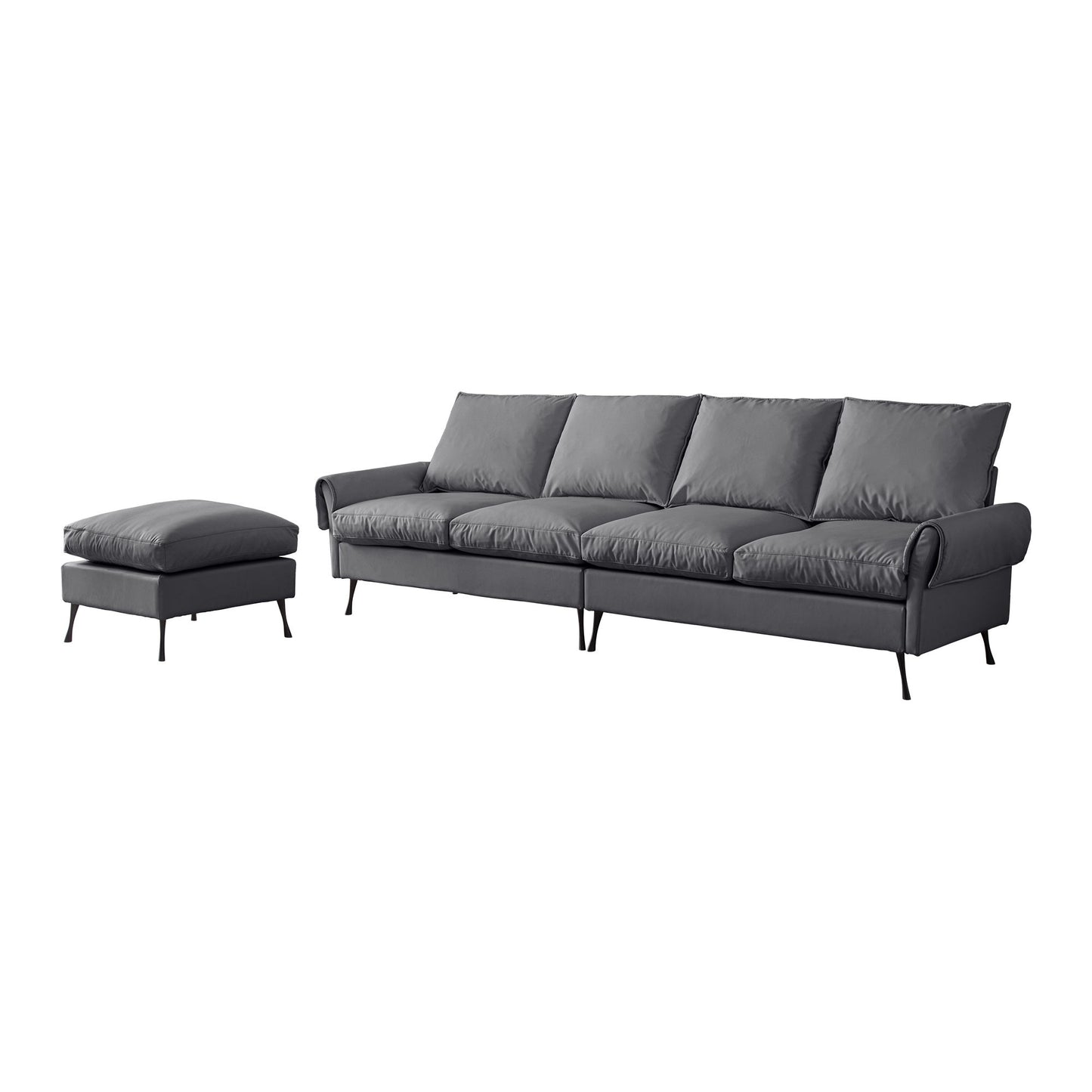 Modern Sectional Technical Leather L-Shaped Sofa Couch With Convertible Ottoman - Dark Gray