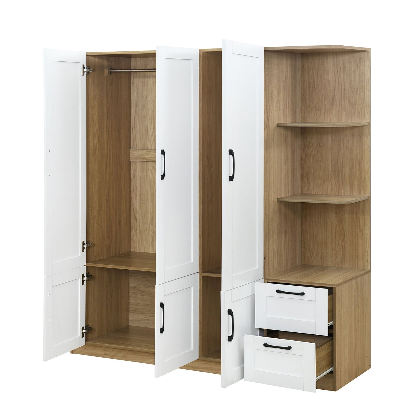 3 Door Storage Wardrobe For Dedroom With Shelves And 2 Drawers, Side Storage Shelves - White