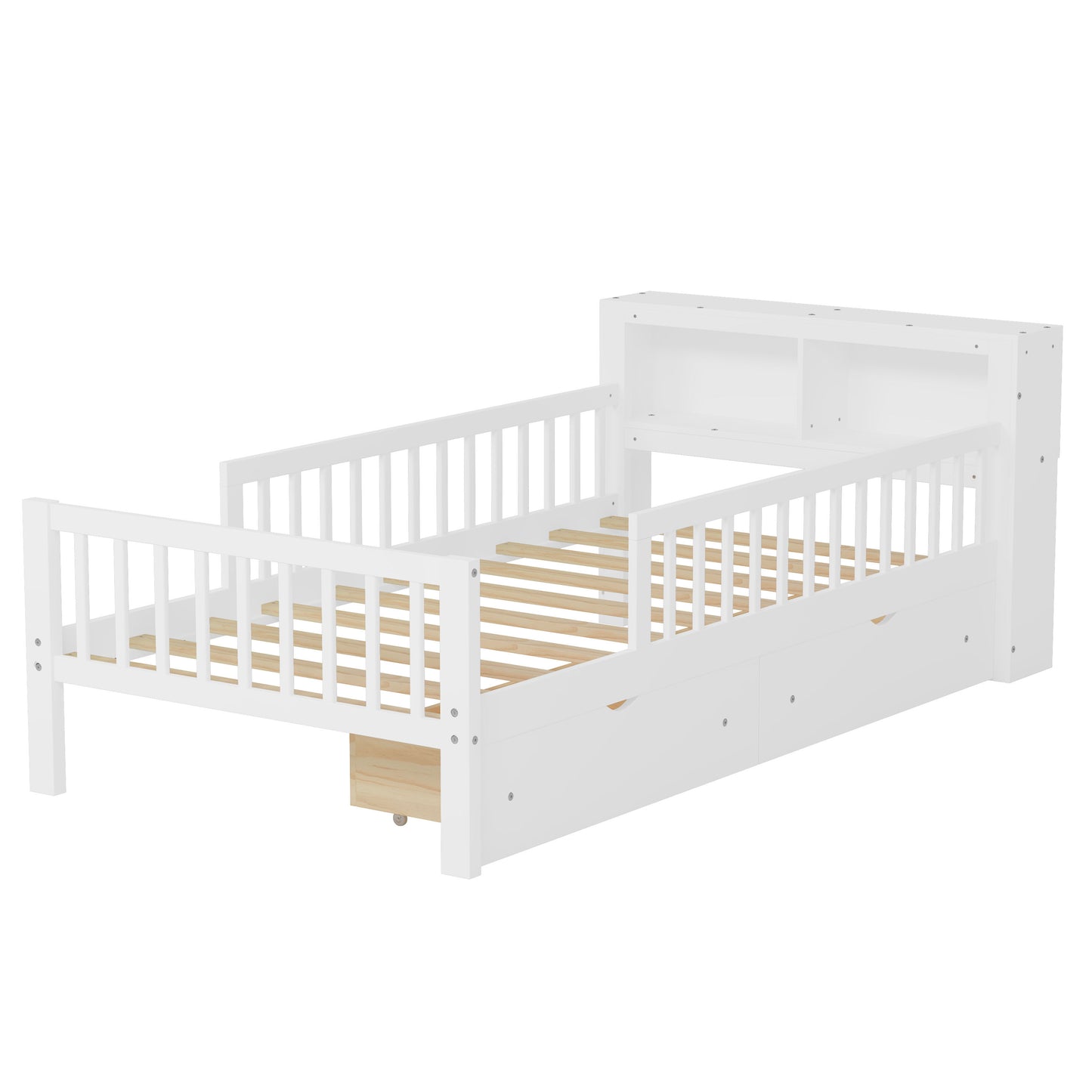 Twin Size Bed With Headboard Storage Rack, 2 Under Bed Drawers, 3 - Side Guardrails For Safety And Security - White