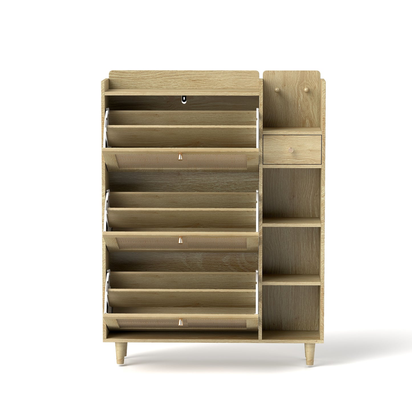 Natural Bohemia Style Shoe Cabinet, Shoe Rack Cabinet With 3 Rattan Flip Drawers, 3 Square Shelves And 1 Storage Drawer, Shoe Organizer With Mulit Storage Space And Hooks For Hallway, Entryway - Natural