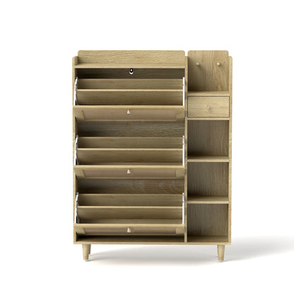 Natural Bohemia Style Shoe Cabinet, Shoe Rack Cabinet With 3 Rattan Flip Drawers, 3 Square Shelves And 1 Storage Drawer, Shoe Organizer With Mulit Storage Space And Hooks For Hallway, Entryway - Natural
