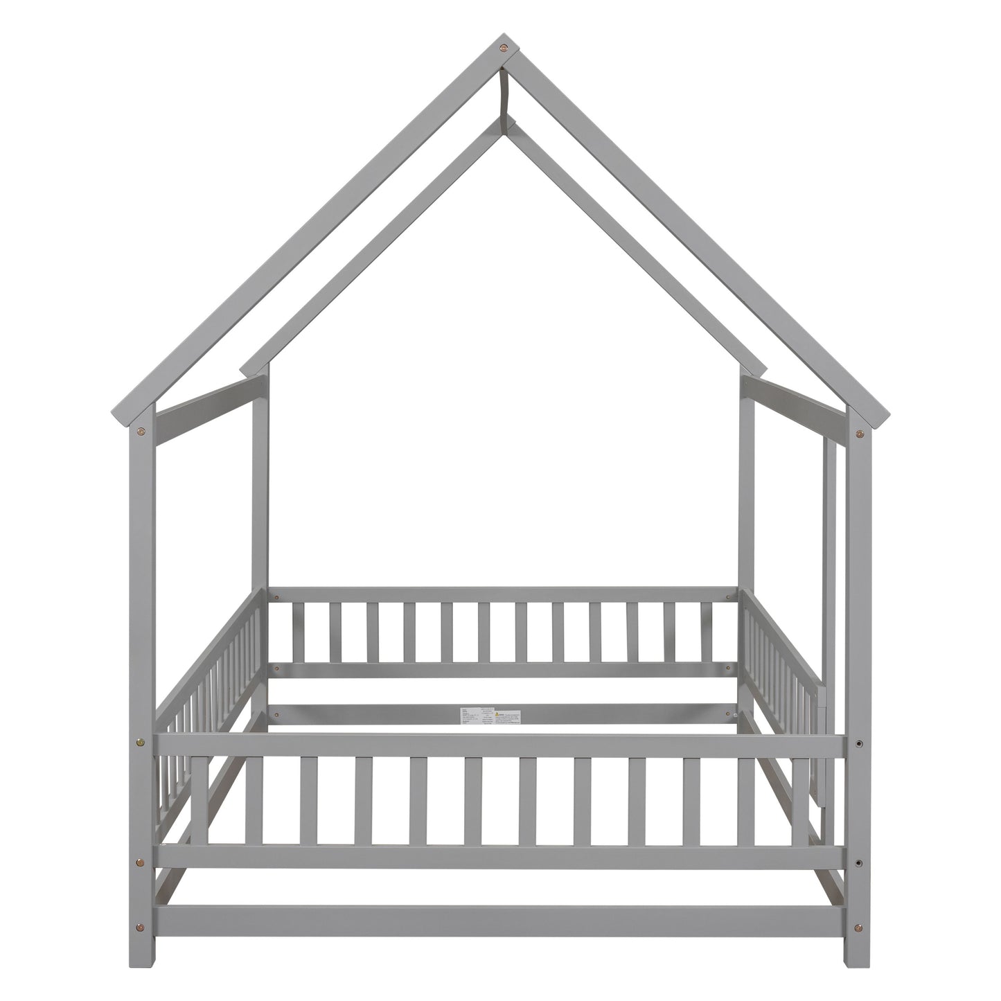 Full Size Floor Wooden Bed With House Roof Frame, Fence Guardrails - Gray