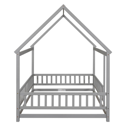 Full Size Floor Wooden Bed With House Roof Frame, Fence Guardrails - Gray
