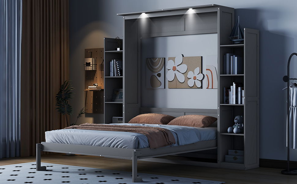 Queen Size Murphy Wall Bed With Shelves And LED Lights - Gray