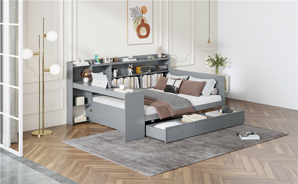 Full Size Daybed With 3 Drawers USB Ports And Desk - Gray