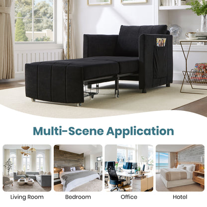 Upholstered Convertible Sleeper Sofa With 5 Position Backrest, Side Pockets, Storage - Black