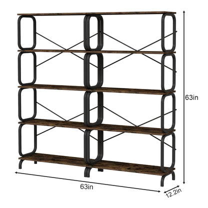 5 Tier Industrial Bookshelf, Rustic Brown Tall Bookcase With Open Wood & Metal Design, Vintage Storage Organizer - Black