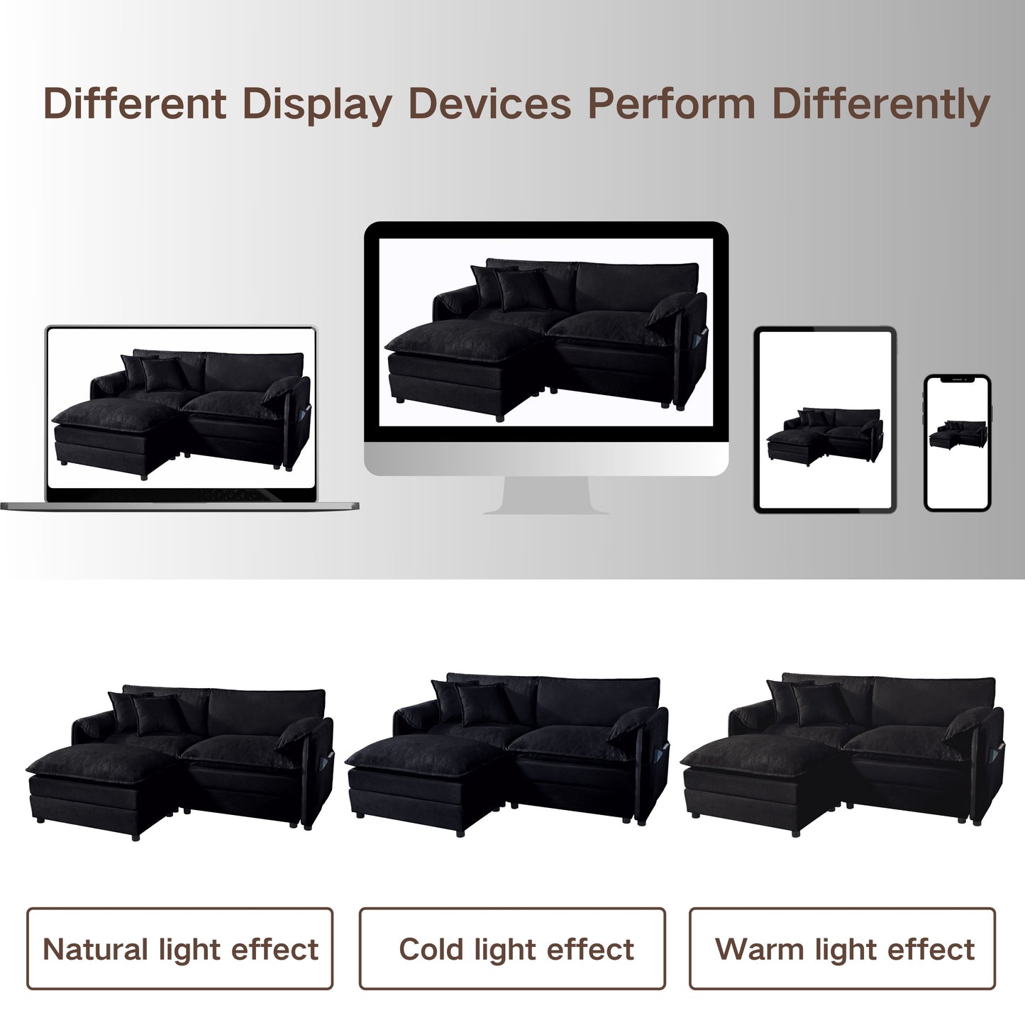 Modular Sectional Sofa Oversized Deep Seat L Shaped Couch Set With Movable Ottoman - Black