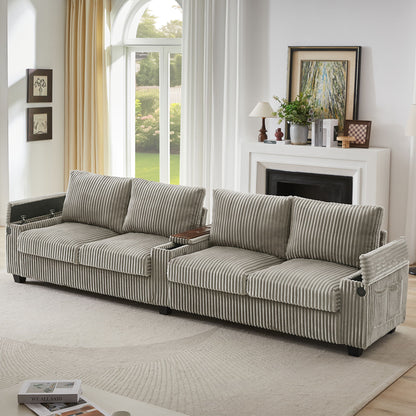 Modern 4 Seater Corduroy Sofa Couch With USB Ports, Hidden Storage Arms, And Flip Top Cup Holders - Brown - Brown